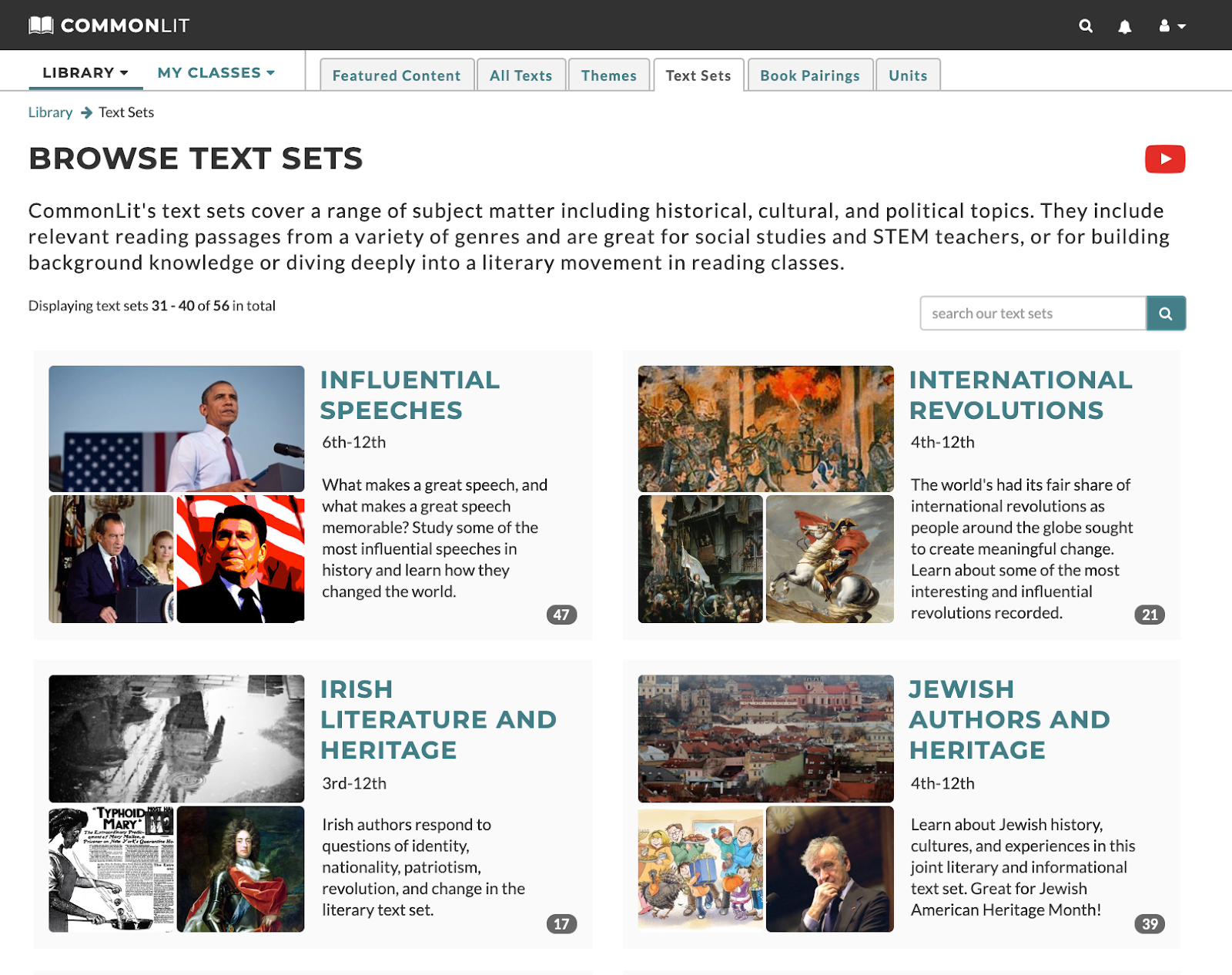 The Browse Text Sets page of the CommonLit library.