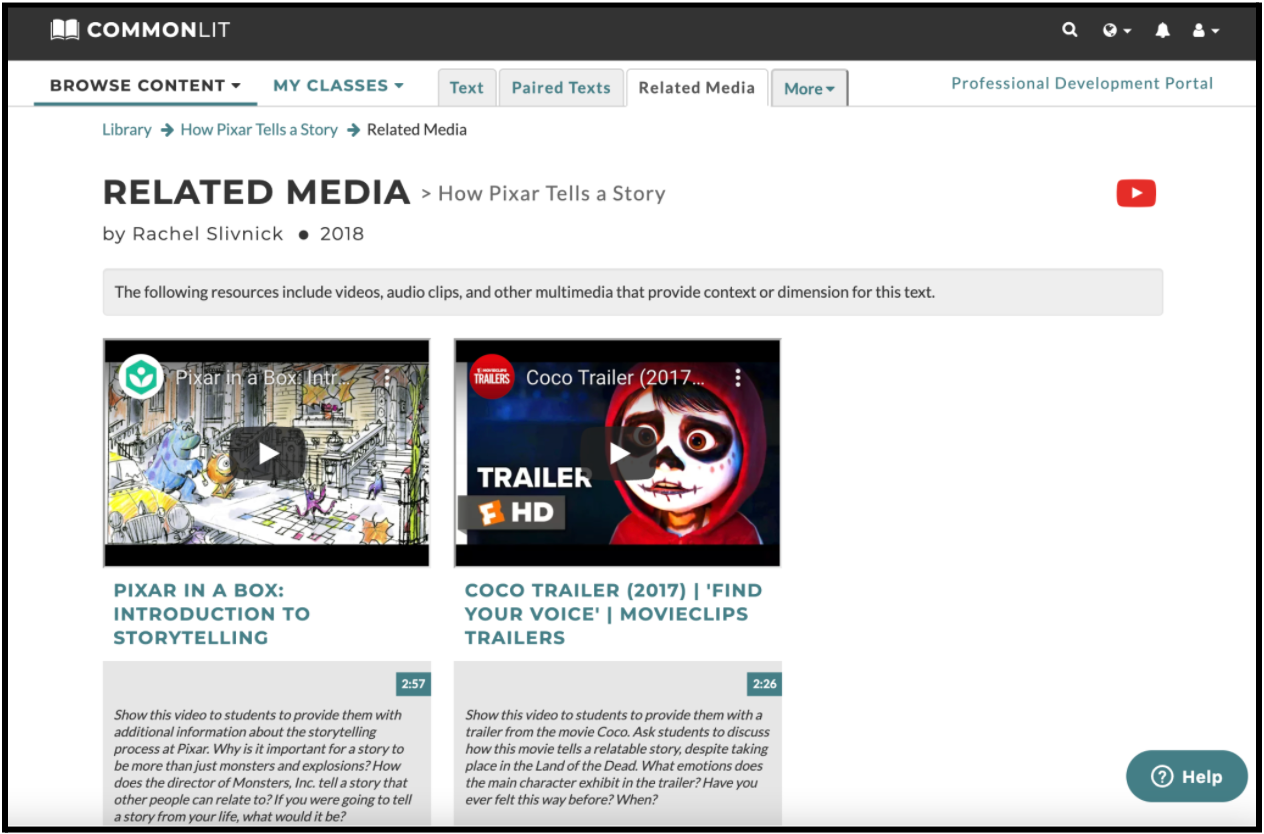 The "Related Media" tab for the CommonLit text "How Pixar Tells a Story."