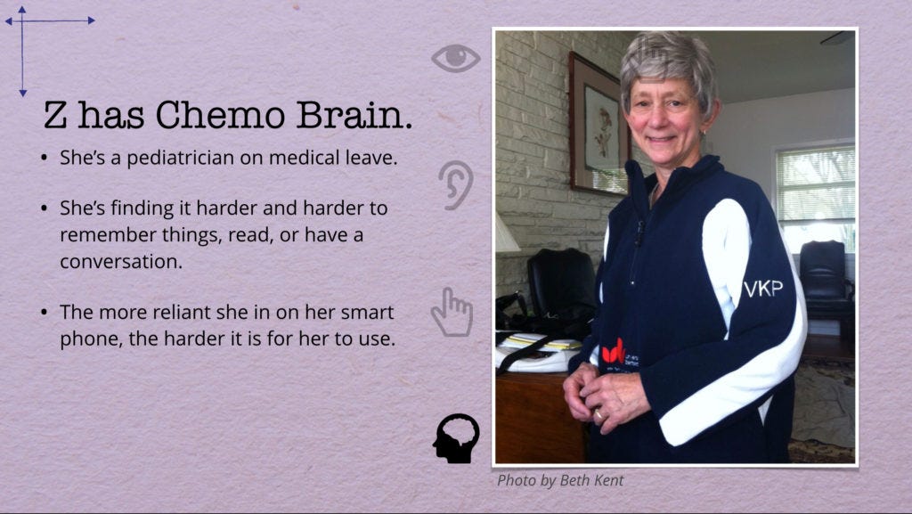 Screenshot of a slide from my presentation. Includes a picture of my aunt a few months before she died, and the content you’ll find in the caption.