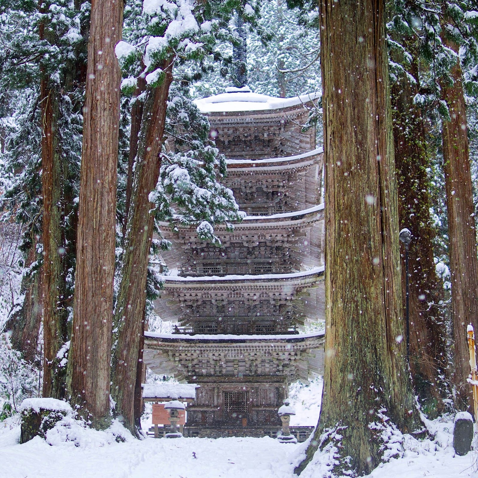 Haguro-san’s Five Story Pagoda in the middle of winter flanked either side by cedar trees and inundated with snow.