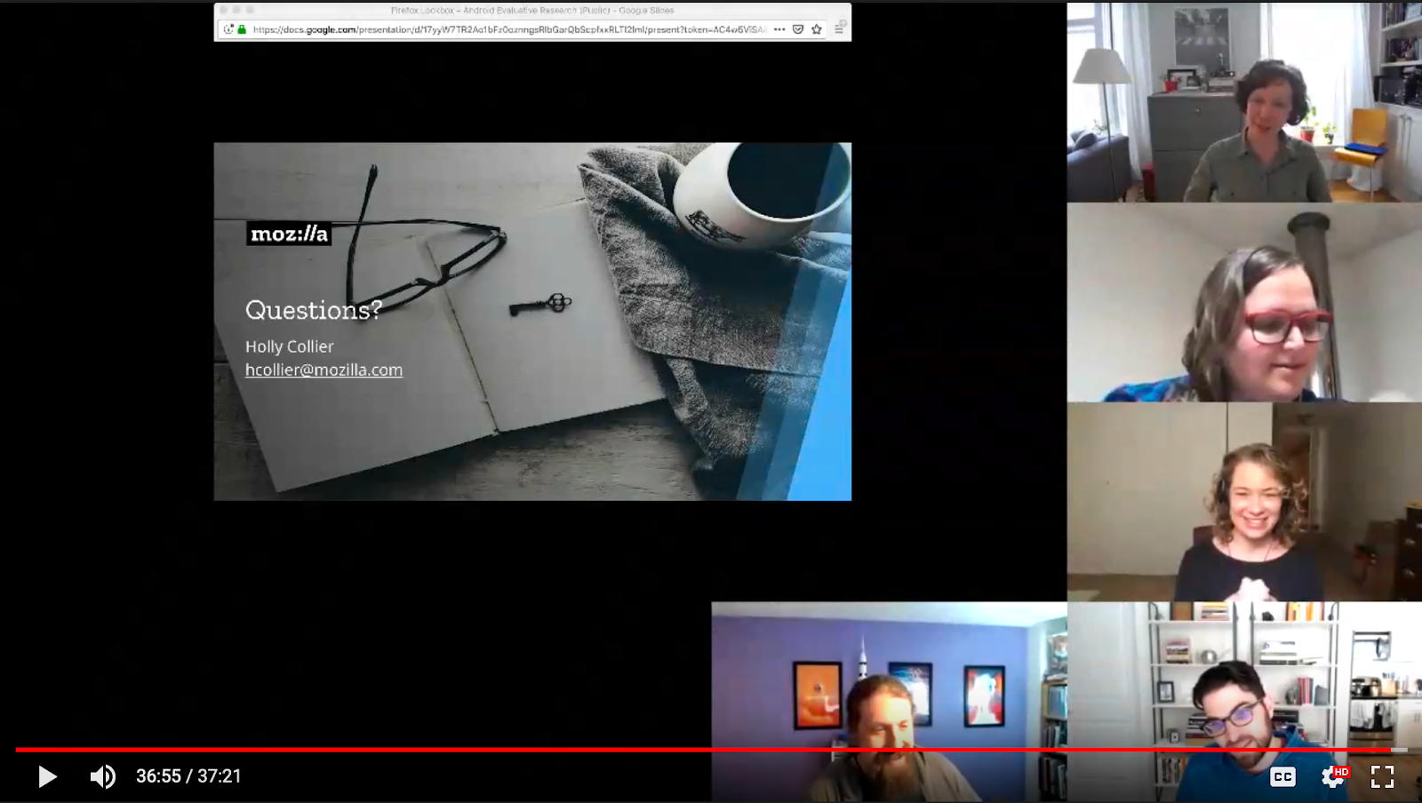 The videochat interface, showing the Lockwise for Android findings presentation and attendees’ faces.