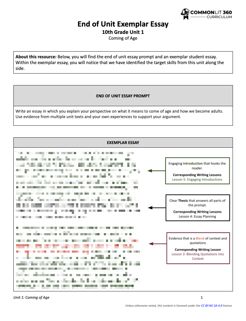 The end of unit exemplar essay page for 10th grade unit 1, which includes the prompt and the exemplar essay.