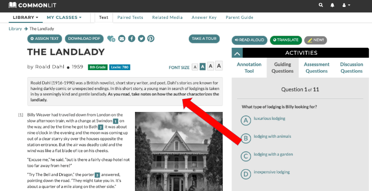 An arrow pointing to the annotation task in the CommonLit lesson "The Landlady."