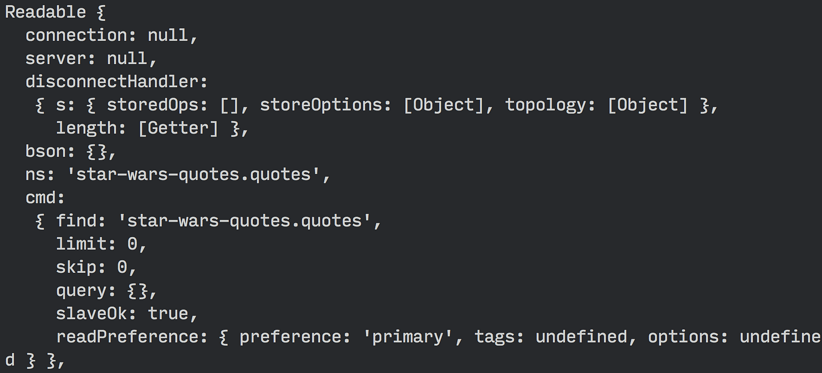 The good news is this cursor object contains all quotes from our database It also contains a bunch of other properties and methods that allow us to work