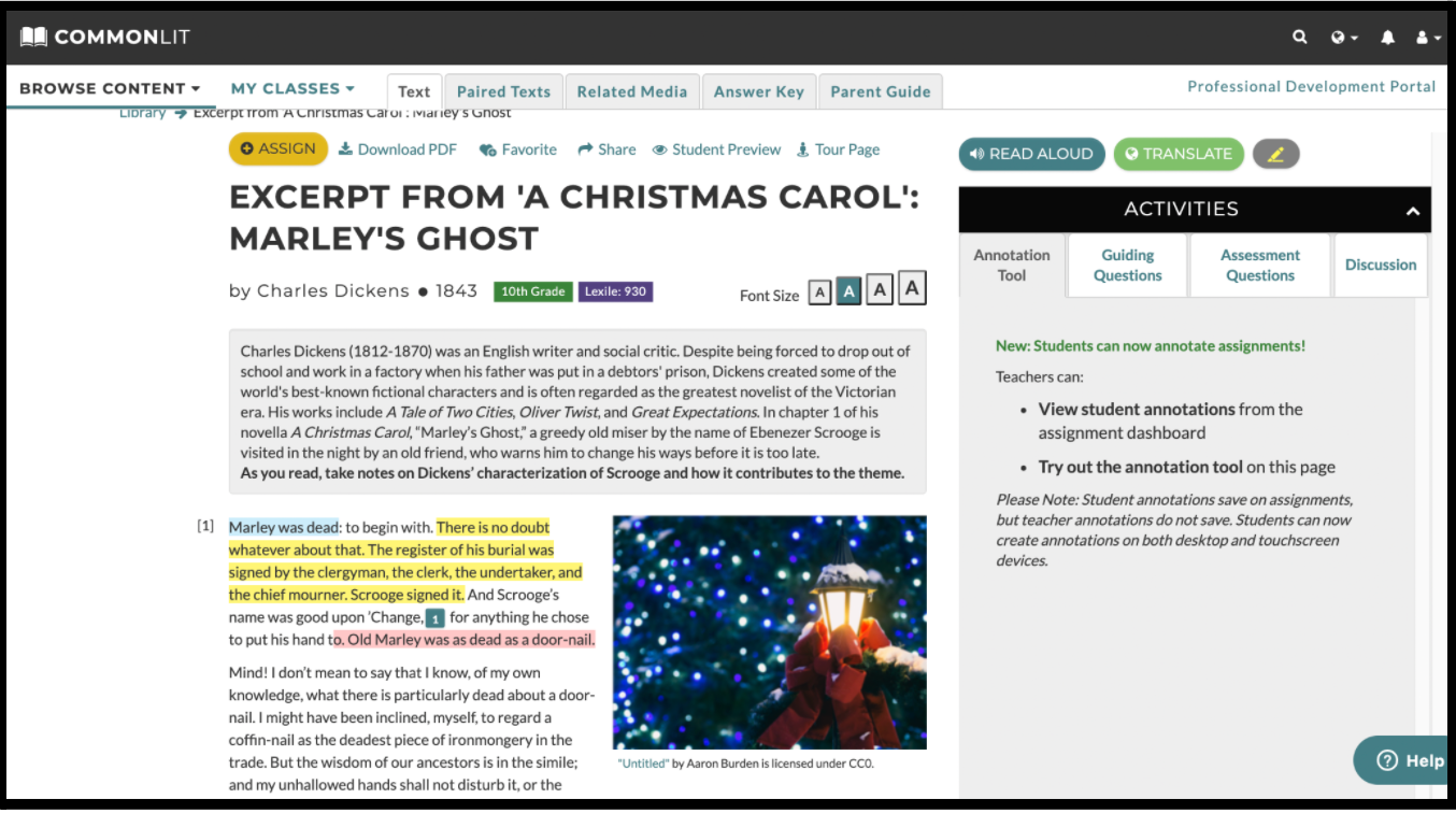The CommonLit lesson "Excerpt from 'A Christmas Carol': Marley's Ghost."