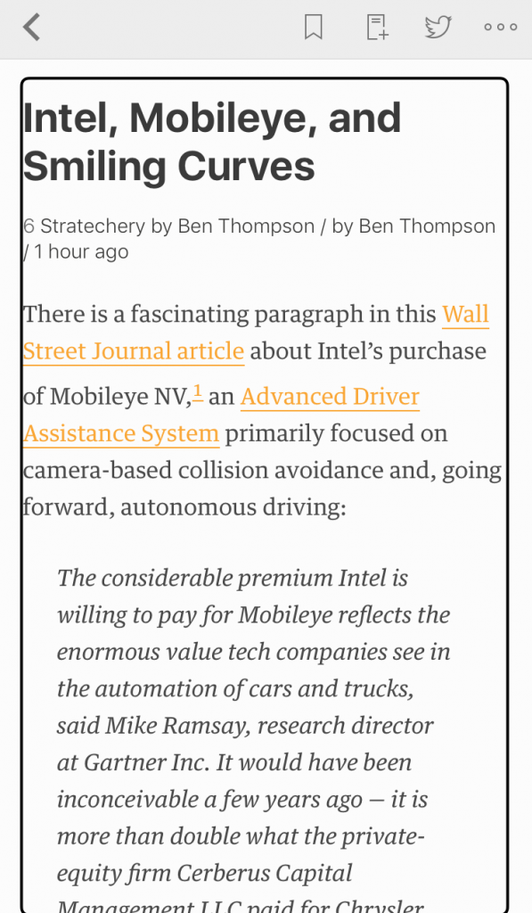 A long-form article in Feedly