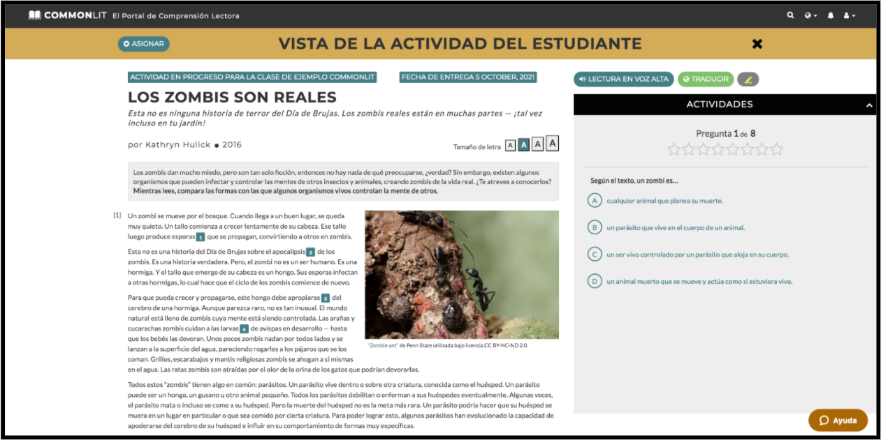 The Student Preview for the CommonLit Español lesson "Los zombis son reales." The text is shown with Guided Reading Mode question #1 on the right.