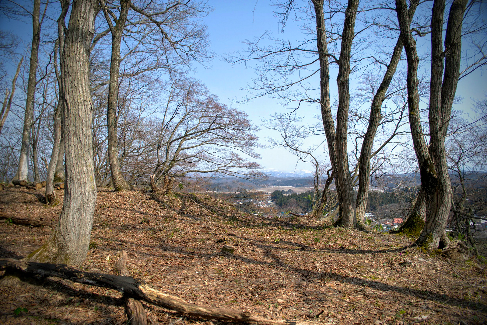 A clear area of land with some trees dispersed around. View of mountains in the background. This is what remains of the Yamuki Castle.