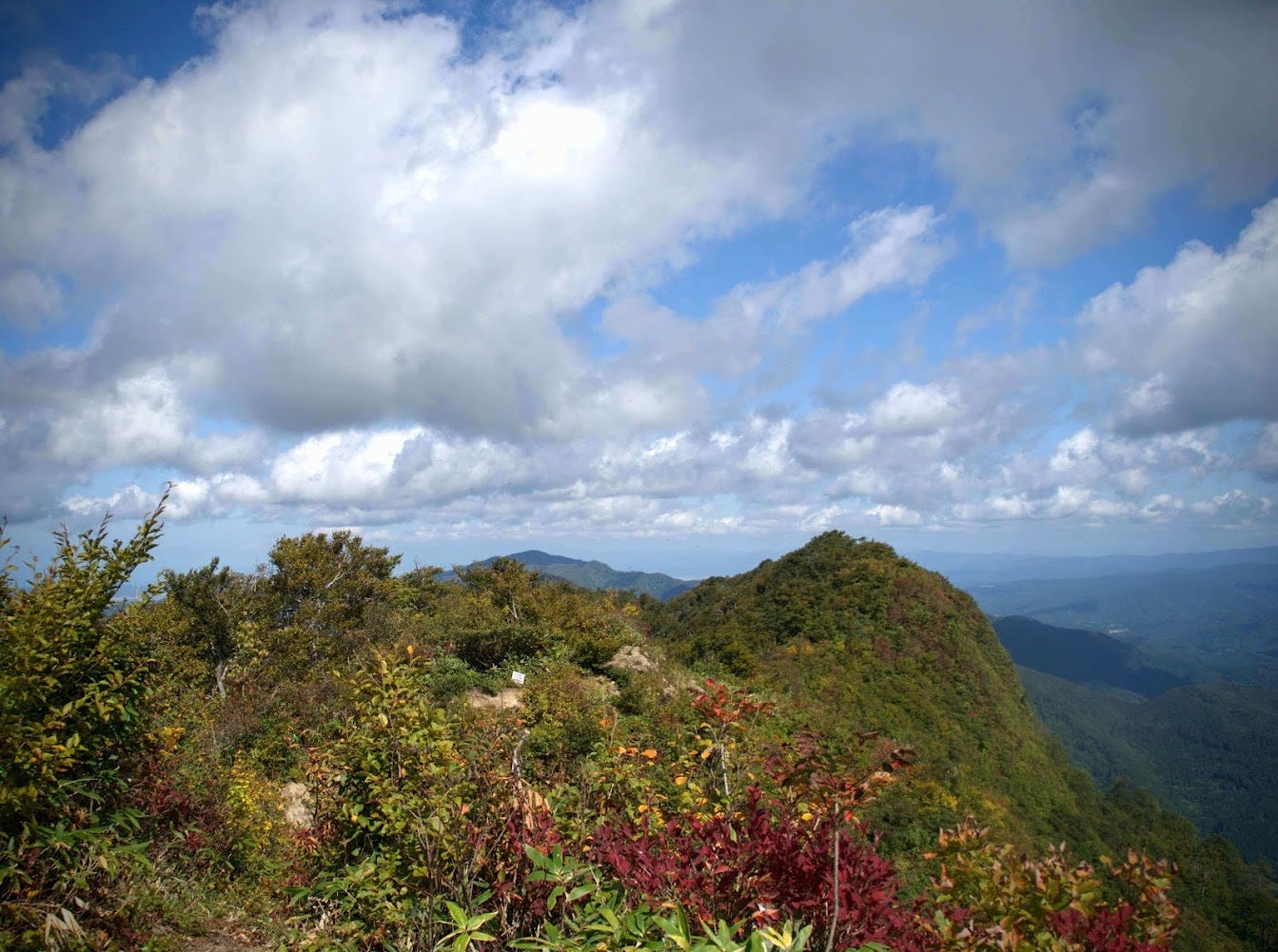 The mountains surrounding the summit of Mt. Maya stick up in the bright blue autumn sky.