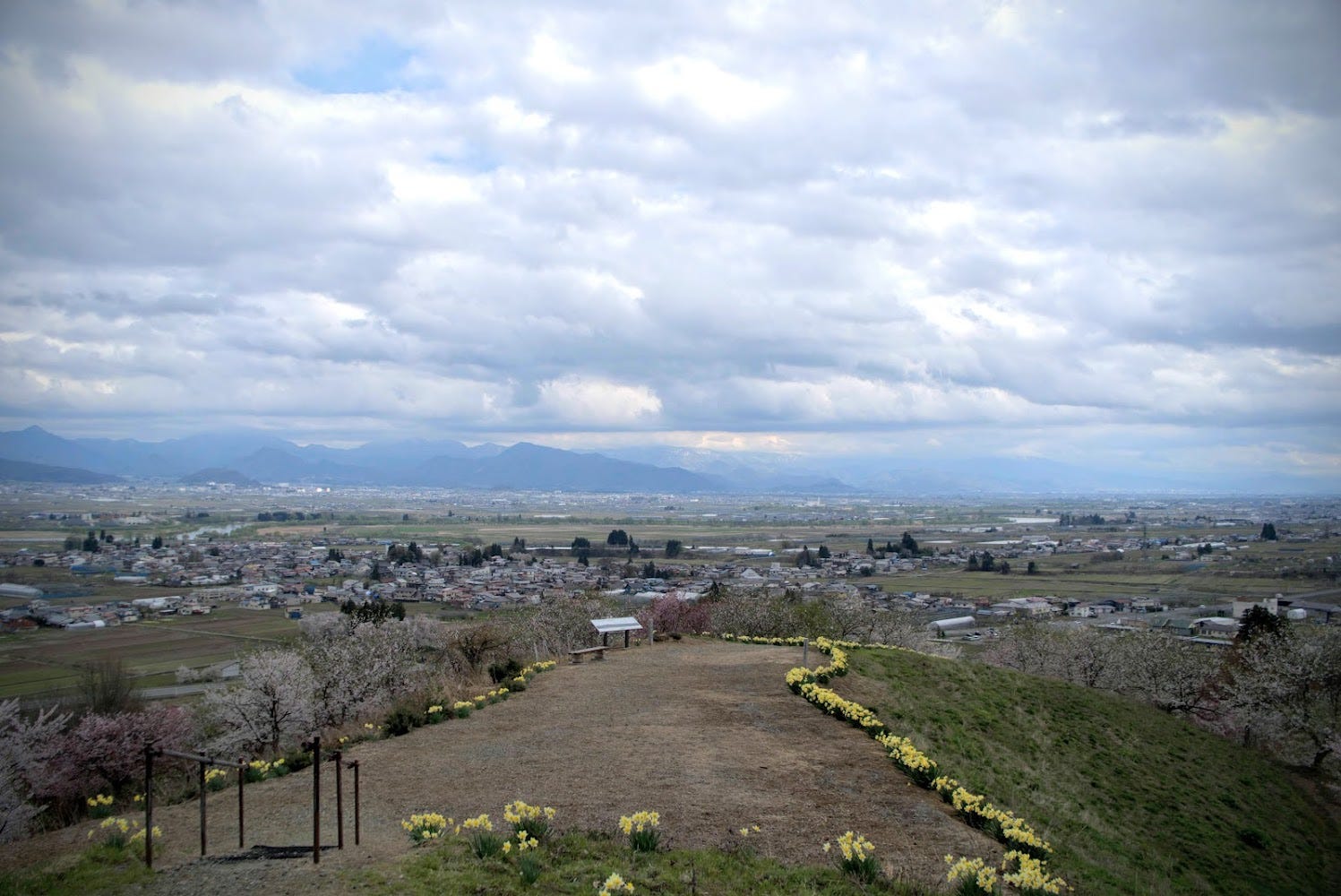The view of Murayama City and inland Yamagata Prefecture from the Bell of Happiness at the summit of Mt. Kitayama.