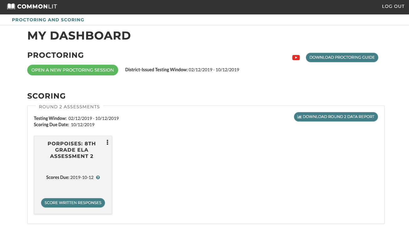 Proctoring and scoring dashboard for assessments on CommonLit.org