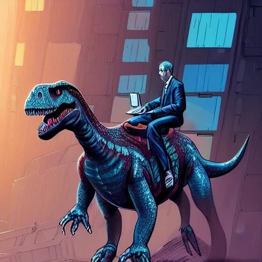 An AI-generated illustration of a person wearing a suit and holding a laptop, sitting on a Velociraptor