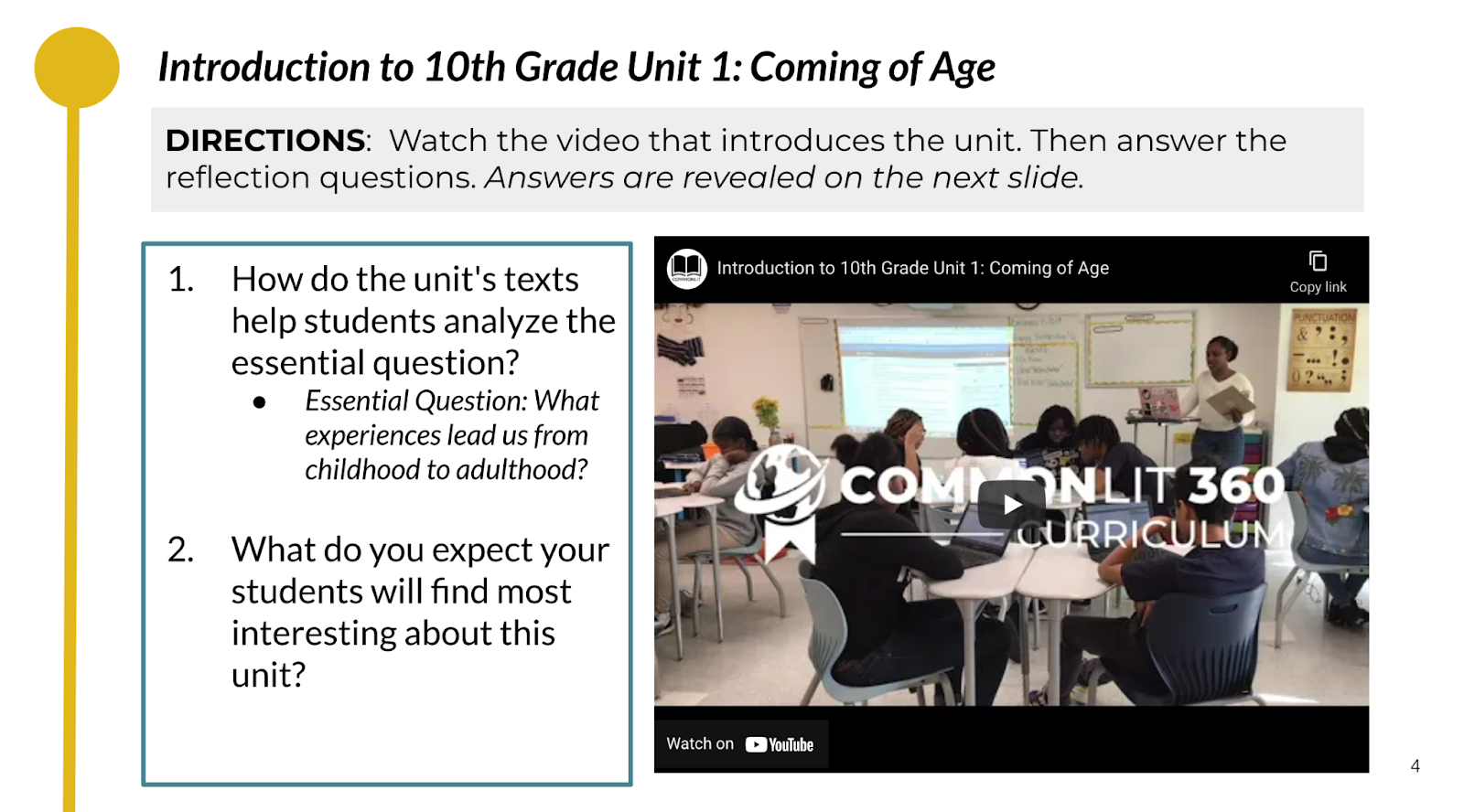A slide from the video training for CommonLit 360 10th Grade Unit 1 about the unit's texts.