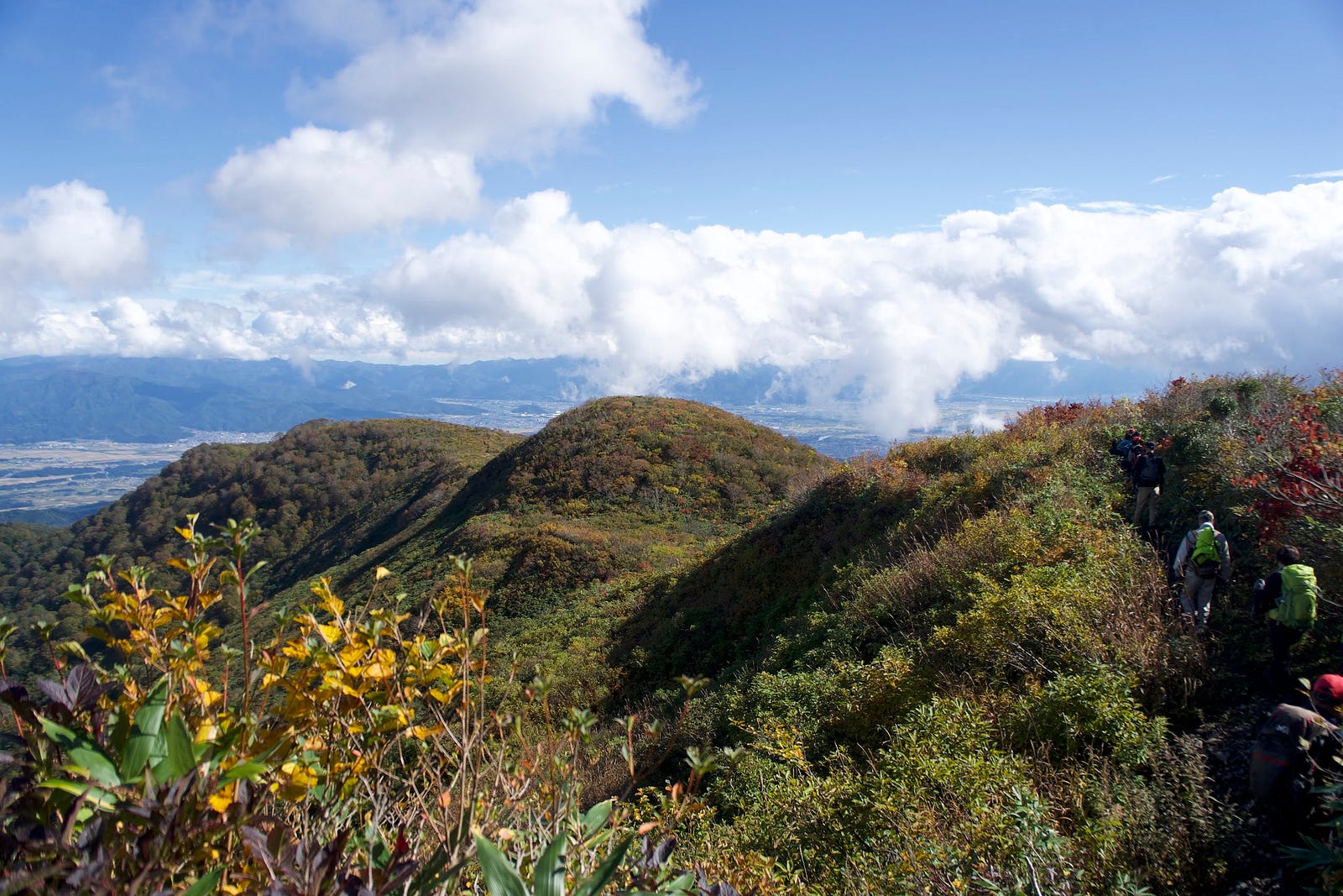 The green peaks of O-mori and Ko-mori along the ridge of Murayama Ha-yama, blue sky and clouds in the distance