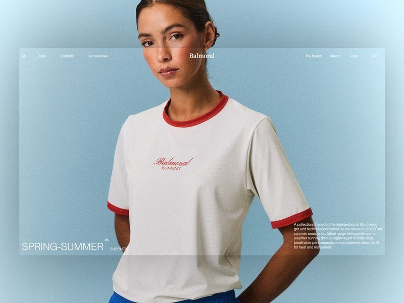 Minimal fashion-focused homepage for Balmoral Running featuring a model in premium athletic wear, soft pastel tones, elegant typography, and a clean editorial-inspired sportswear aesthetic.