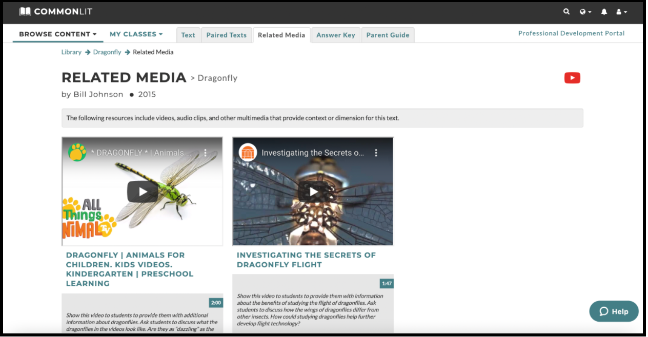Related Media page on CommonLit.org for Dragonfly