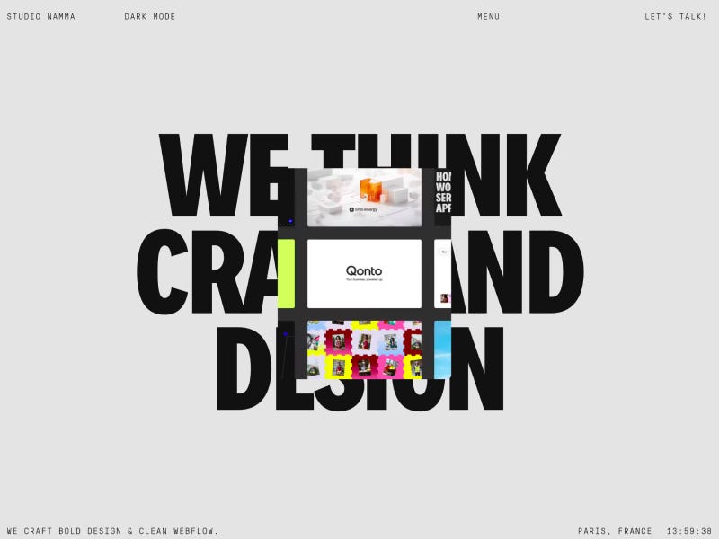 Studio Namma website with bold oversized “We Think Craft and Design” typography and layered project previews on a minimal light background