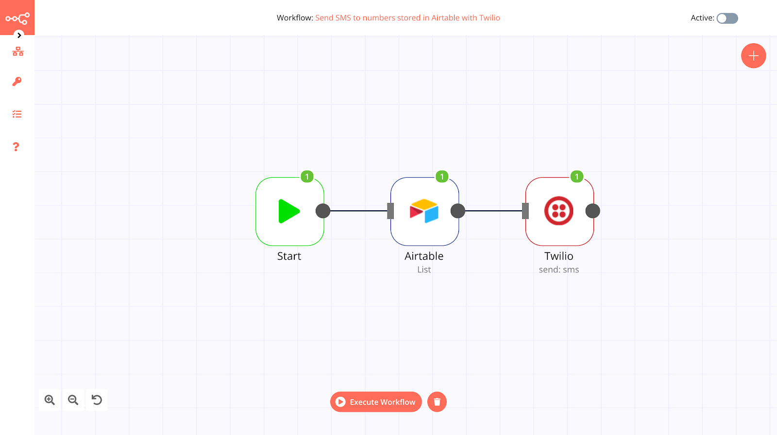 Screenshot of the workflow for sending SMS to numbers stored in Airtable