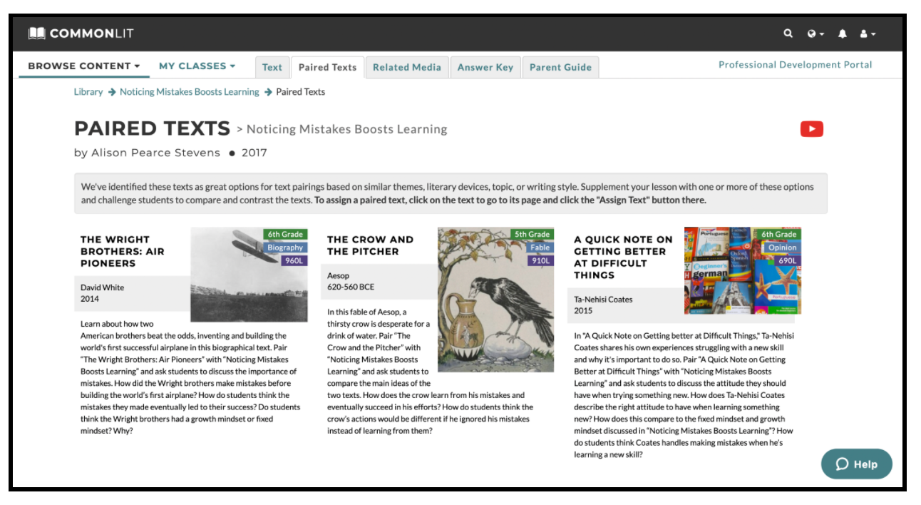 The Paired Texts tab for the CommonLit lesson "Noticing Mistakes Boosts Learning."