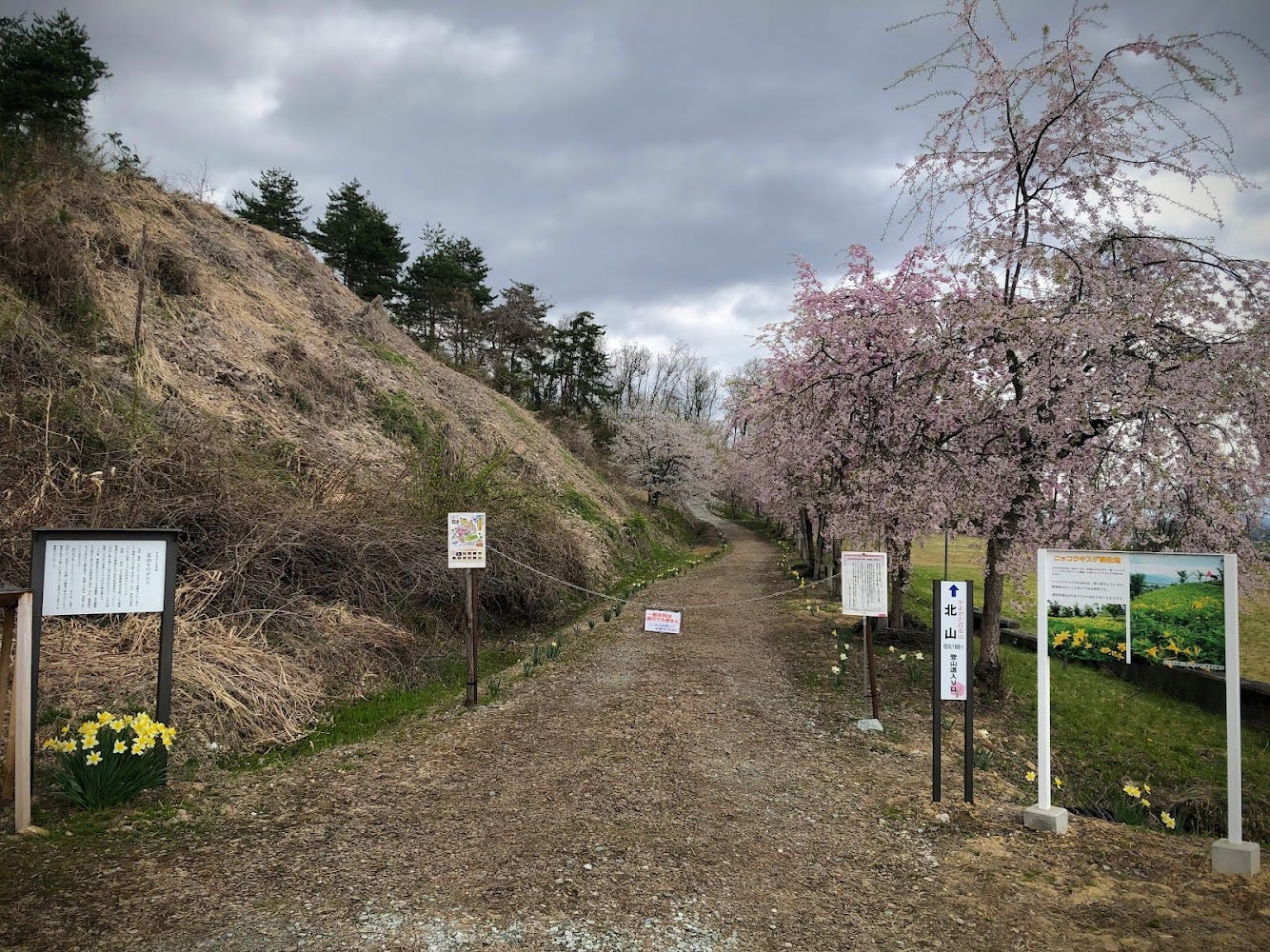 A sign stopping cars from entering hangs across the entrance from the base of Mt. Kitayama, cars aren’t allowed past there, but people certainly are.