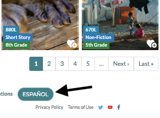 CommonLit Spanish library with arrow pointing to “Español” button. 