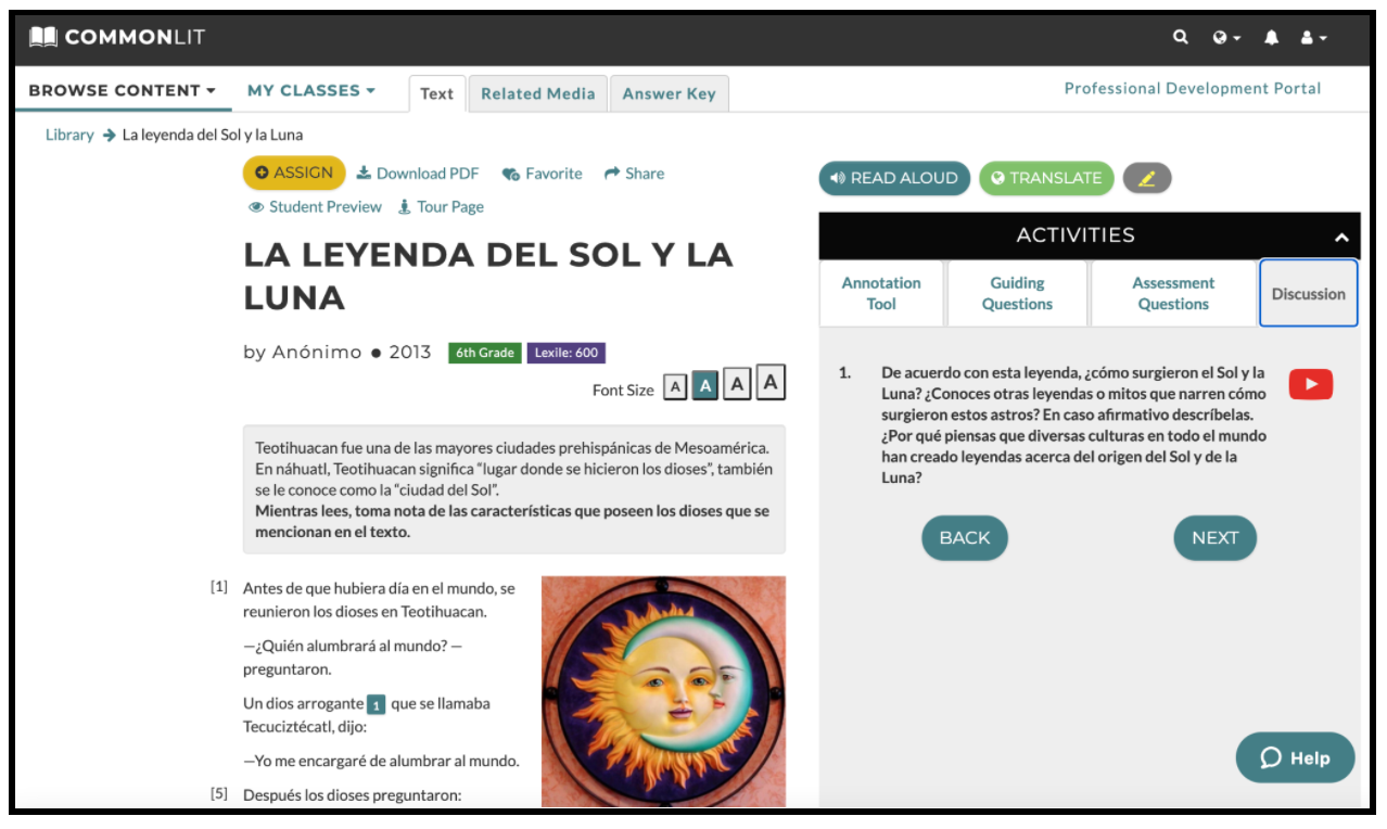 The CommonLit Español lesson "La leyenda del Sol y la Luna."