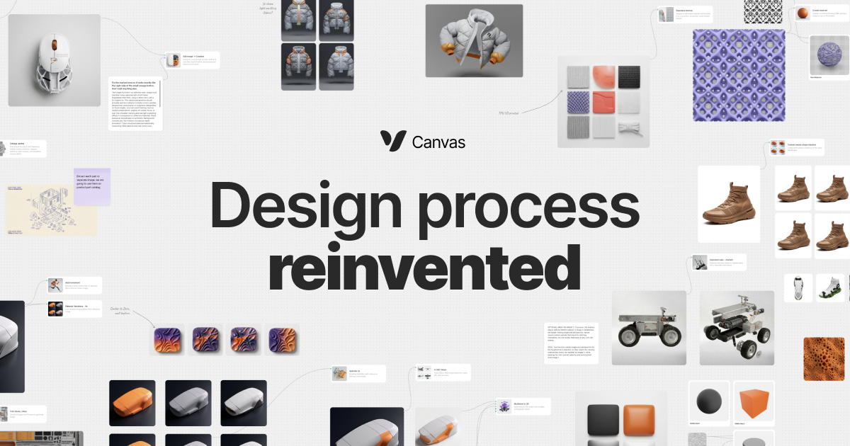 Design workflow canvas showing interconnected assets, 3D models, materials, and UI elements around the headline “Design process reinvented,” illustrating a unified 2D and 3D creative system.