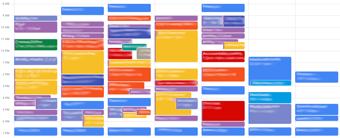 Screenshot of a calendar that is very colorful with lots of events. The event names are blurred out. The events are more spread out than the "before week" screenshot and look more disorganized.