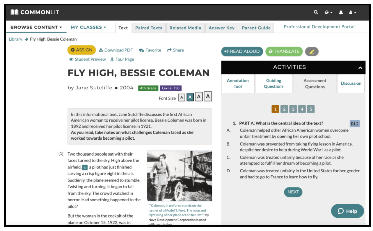 The CommonLit lesson "Fly High, Bessie Coleman."