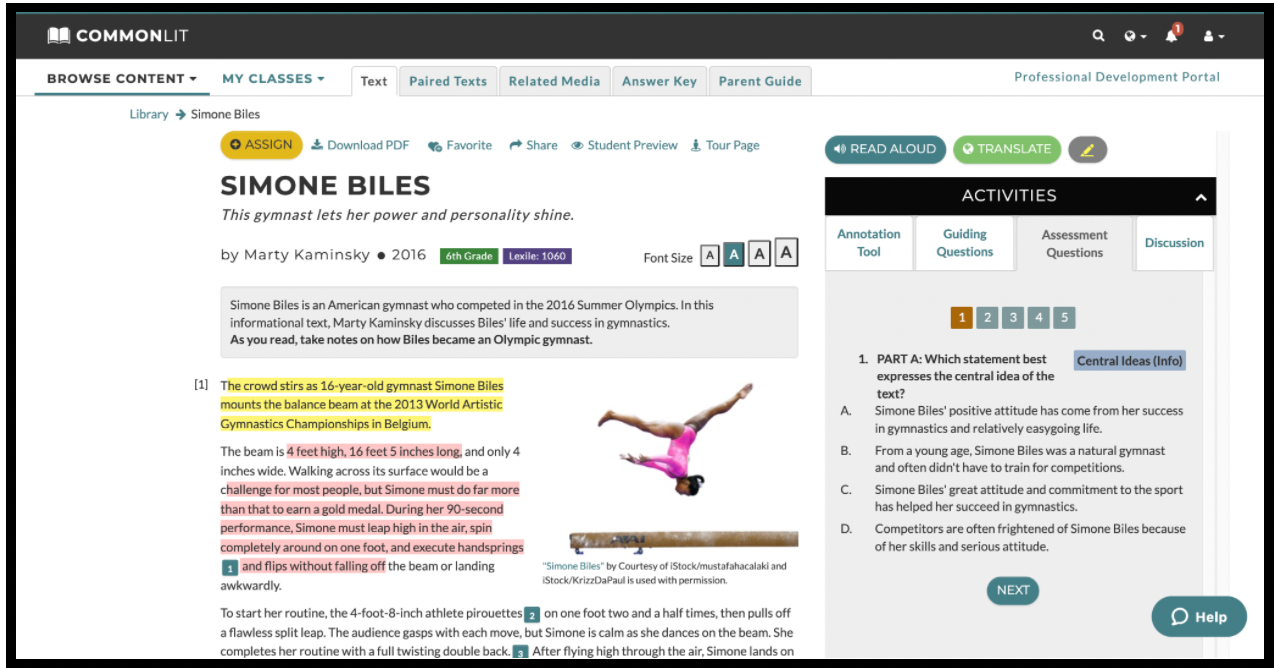 The CommonLit lesson "Simone Biles."