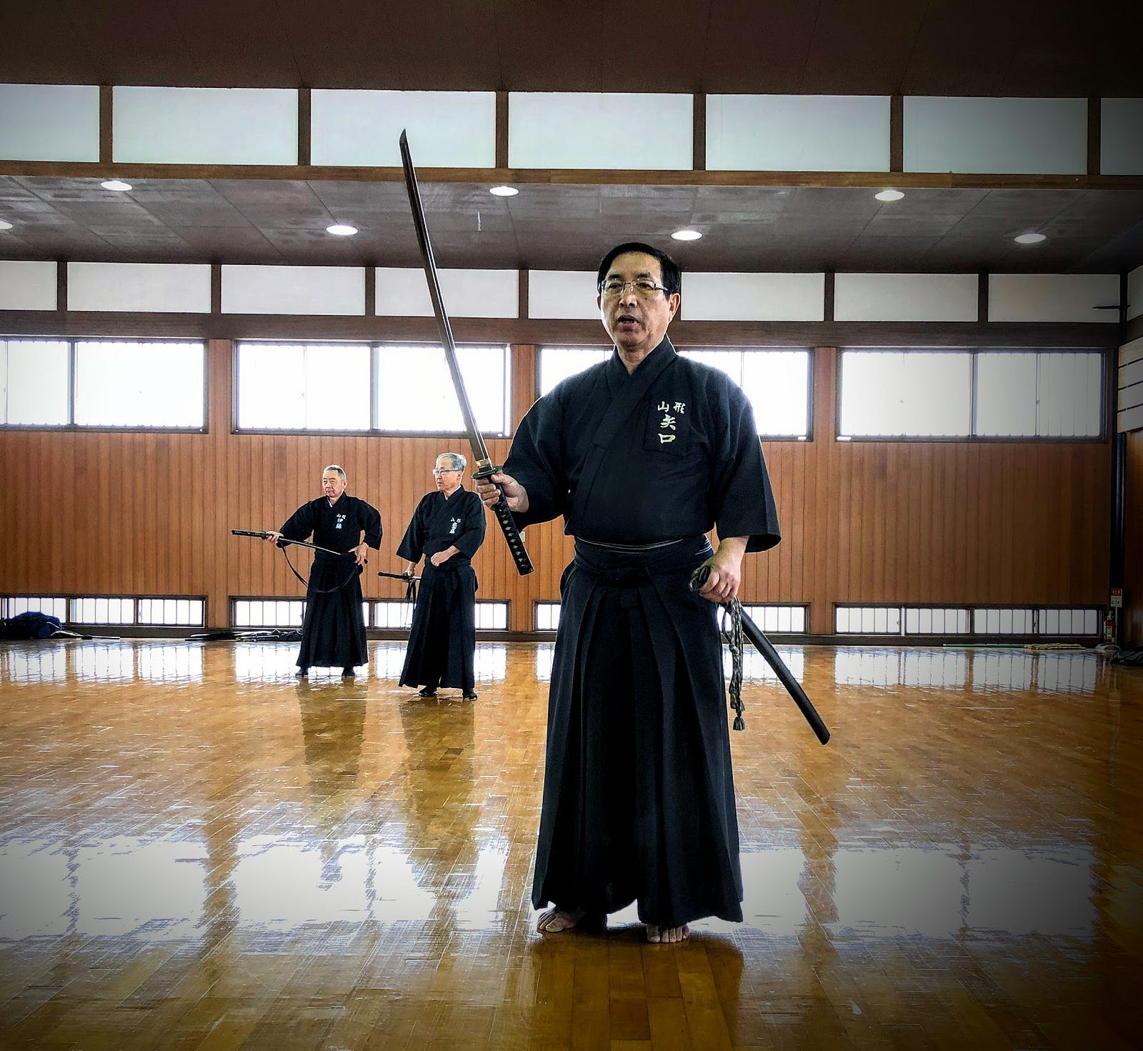 An Iai Master wields a sword at the Hayashizaki Iai Shrine in Murayama City.
