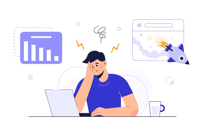 Illustration of a stressed UI/UX designer, Rehan Pinjari, with 6+ years of experience, sitting at a laptop with a hand on their head, surrounded by declining charts, a rocket, and question marks, representing design project failures from the blog post ‘Asking the right questions before starting a new project.’