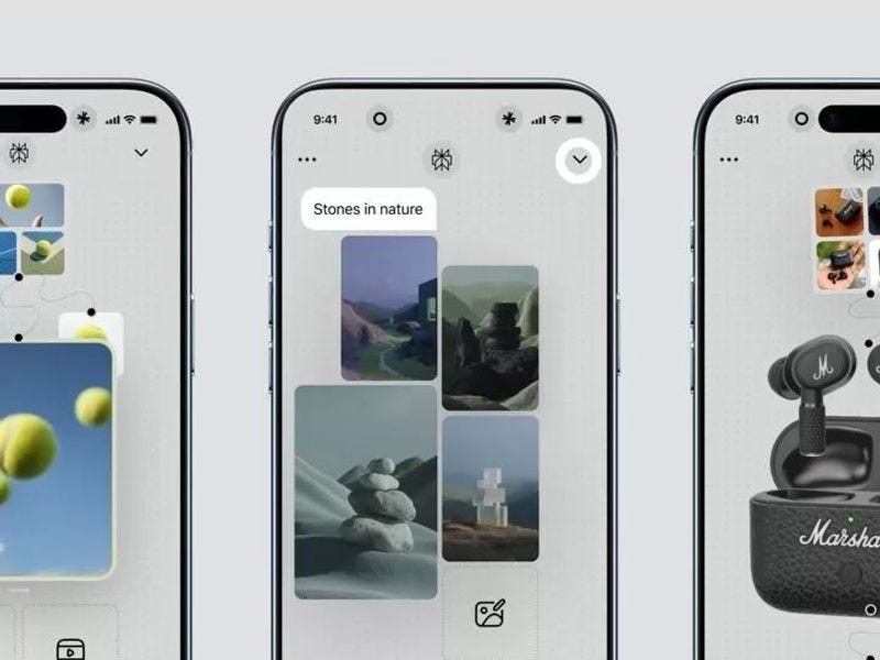 Mobile app interface showing a visual canvas with draggable image cards, including nature photos and product elements, demonstrating a flexible design workspace on smartphone screens.