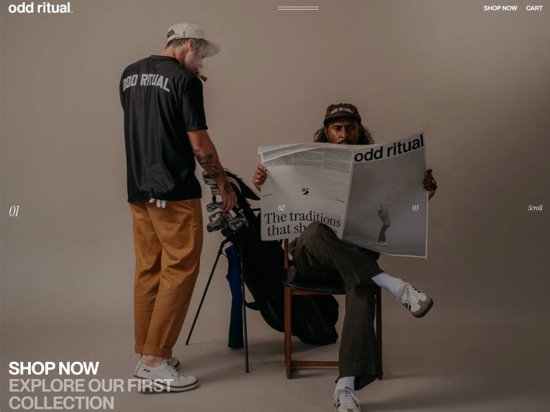 Odd Ritual website featuring lifestyle scene with two people, one reading a newspaper and the other standing with a golf bag, styled in a minimal fashion editorial layout