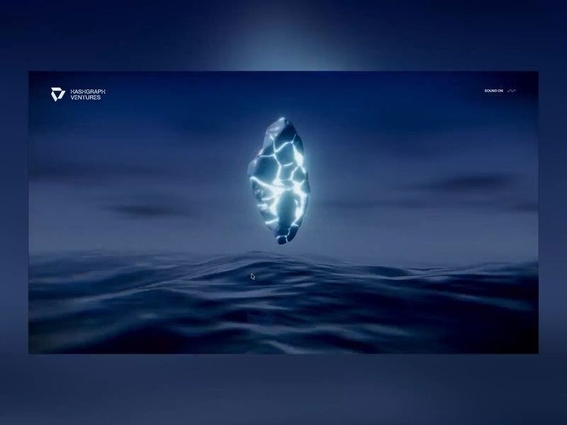 Glowing abstract object floating above a dark ocean surface, featured in Hashgraph Ventures website hero section