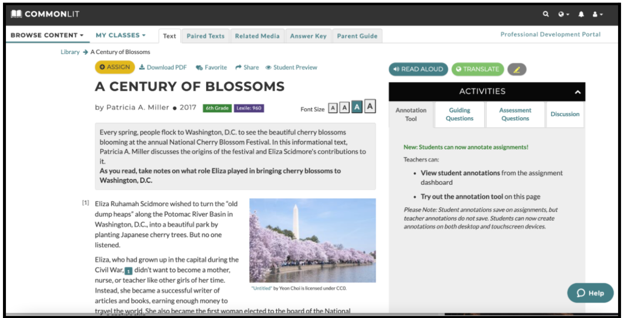 The CommonLit text "A Century of Blossoms."