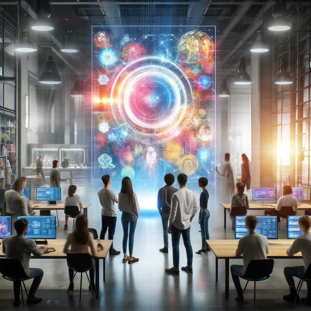 A diverse group of young people in a futuristic digital workspace interacting with a large, colorful digital display of abstract AI-generated images, surrounded by modern gadgets and ambient lighting.