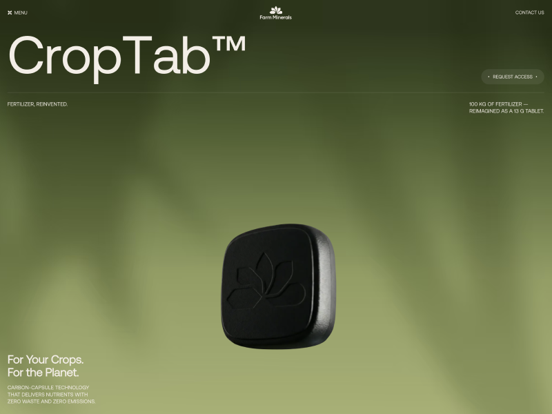 A green-toned hero image for CropTab™, featuring a floating black tablet with a leaf symbol, set against a soft blurred background, with minimal typography highlighting sustainable fertilizer technology for crops and the planet.