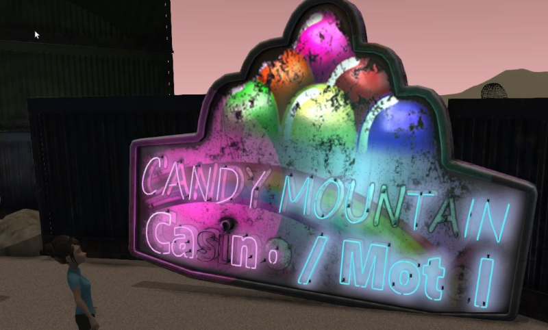 Although Candy Mountain Casino/Motel was demolished in the mid 1980’s to make room for a water park, its sign boldly lives in the Playa, thanks to the magnificent light-giving power of emissive materials in High Fidelity VR.
