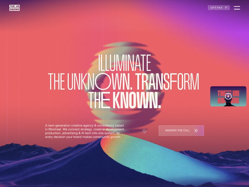 A cinematic hero section with bold white typography reading “Illuminate the unknown. Transform the known.” set against a vibrant pink and purple gradient sky, a glowing abstract sphere in the center, and surreal blue-toned mountains with a smooth, colorful path flowing through the landscape.