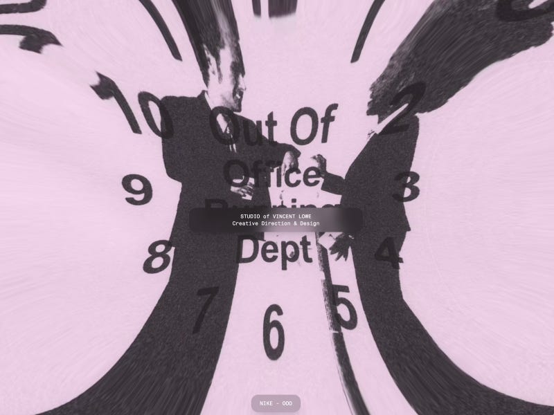Studio of Vincent Lowe website with distorted clock composition, abstract silhouettes, and layered typography in a surreal editorial-style layout