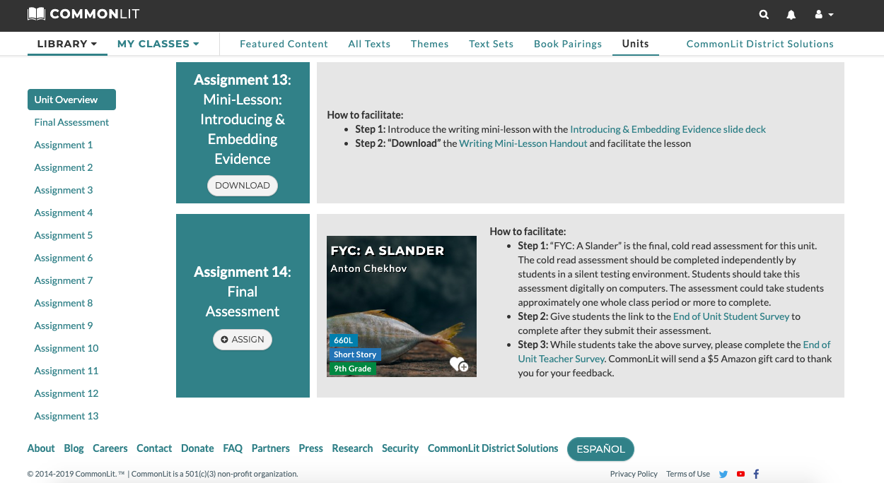 CommonLit Unit Overview page with assignment 13 and 14 highlighted.