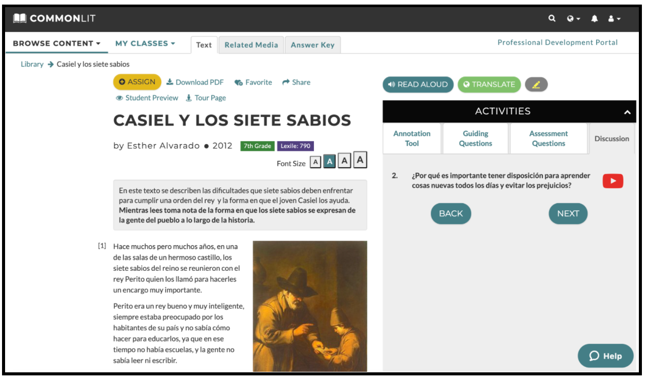The CommonLit Español lesson "Casiel y los siete sabios."