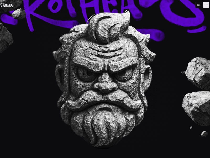 Roiheads website featuring a detailed stone character head on dark background with bold purple graffiti-style typography and floating rock elements