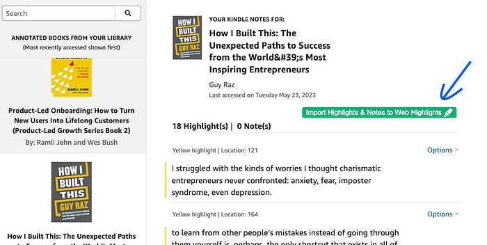 Automatically highlighting Kindle annotations & notes with Web Highlights