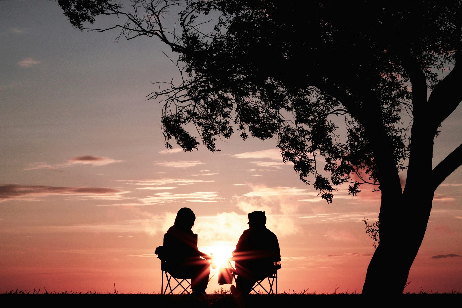 An older couple perches in chairs under a tree, as the sun sets behing them. The couple and tree are in silhouette.