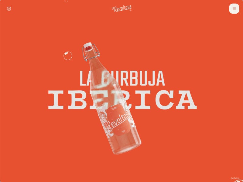 Bold orange product landing page for La Revoltosa featuring a floating transparent soda bottle, oversized white typography, and playful minimalist branding with energetic editorial styling.