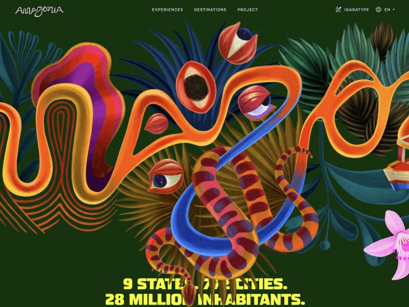 Amazonia website with vibrant illustrated jungle scene, colorful organic shapes, and bold typography on deep green background