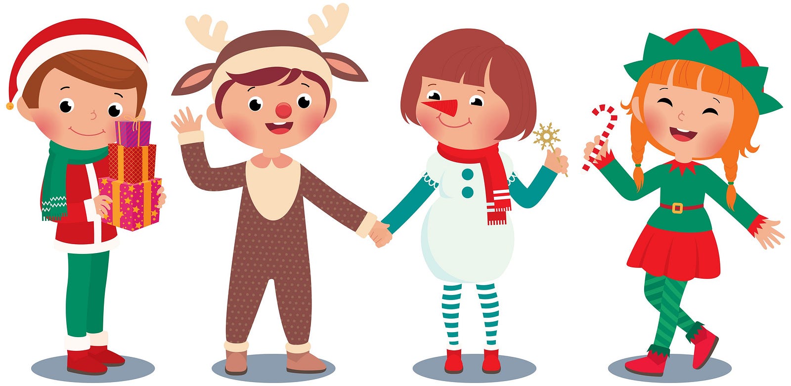 Children in Christmas costume characters celebrate Christmas