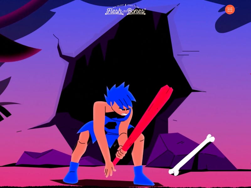 Stylized character holding a red bat inside a cave-like opening, with bold colors and graphic illustration style from Flesh and Bones website